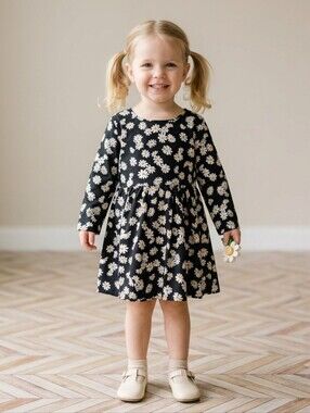 Girl's Daisy Print Long Sleeve Babydoll Mini Dress Black White 90s Grunge 4-5Y